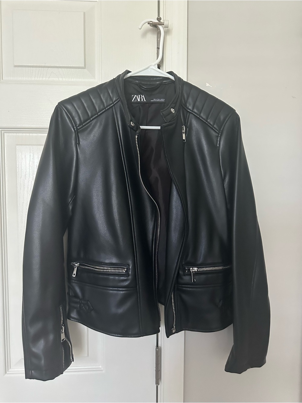 Zara Black Faux Leather Quilted-Shoulder Jacket